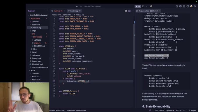 A man wearing glasses gestures in a small video feed while presenting a code editor displaying Move programming language code for a 'kcc20' contract related to 'KCCCState'.