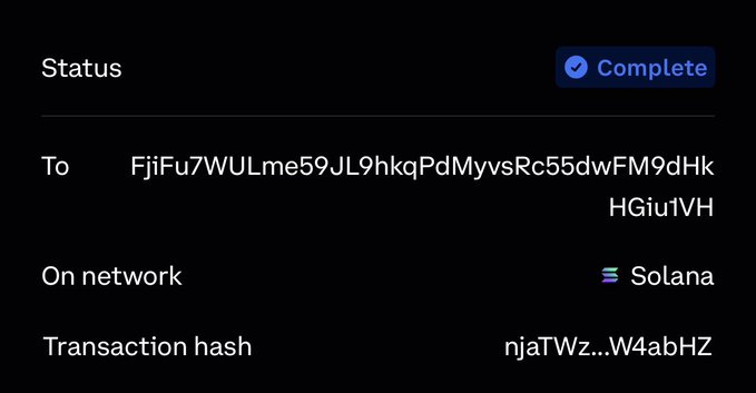 A cryptocurrency transaction confirmation screen displays a 'Complete' status for a Solana network transfer, showing the recipient address and a truncated transaction hash 'njaTWz...W4abHZ'.