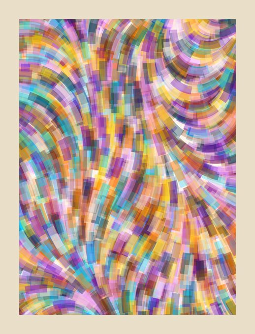 An abstract colorful artwork featuring flowing curved patterns of small rectangular tiles in shades of pink, purple, yellow, and blue.