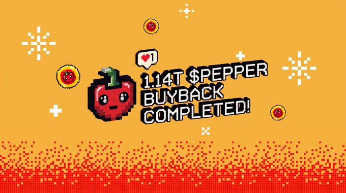 A pixel-art graphic on an orange background announcing '1.14T $PEPPER BUYBACK COMPLETED!' featuring a cute red pepper character with a heart notification bubble.