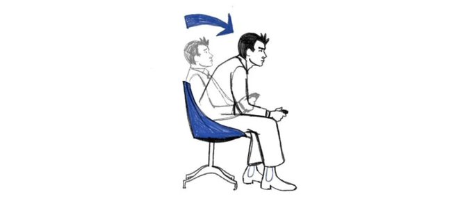 A simple line-drawing illustration shows two people sitting on chairs with a blue arrow pointing toward the person in front, depicting a queue or waiting scenario.