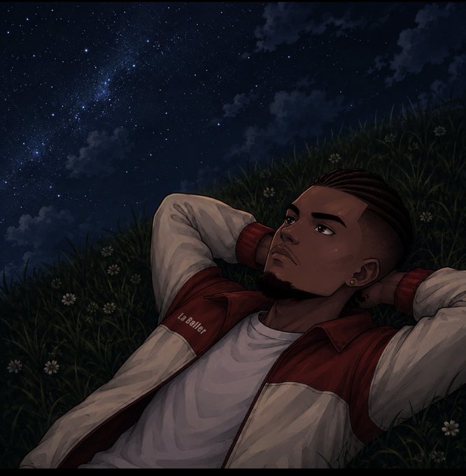 An illustrated portrait of a young man with cornrow braids lying in a grassy field under a starry night sky, wearing a red and cream jacket labeled 'La Baller'.