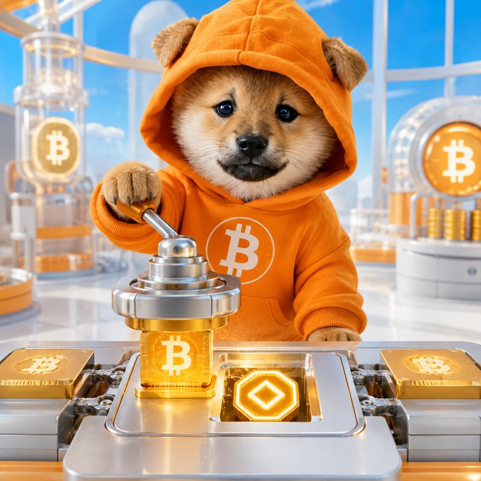 A digitally rendered Shiba Inu dog wearing an orange Bitcoin-themed hoodie, operating a machine that produces glowing Bitcoin coins and bars in a futuristic lab setting.