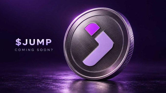 A promotional image shows a silver coin with a purple logo and the text '$JUMP COMING SOON?' on a dark purple background.