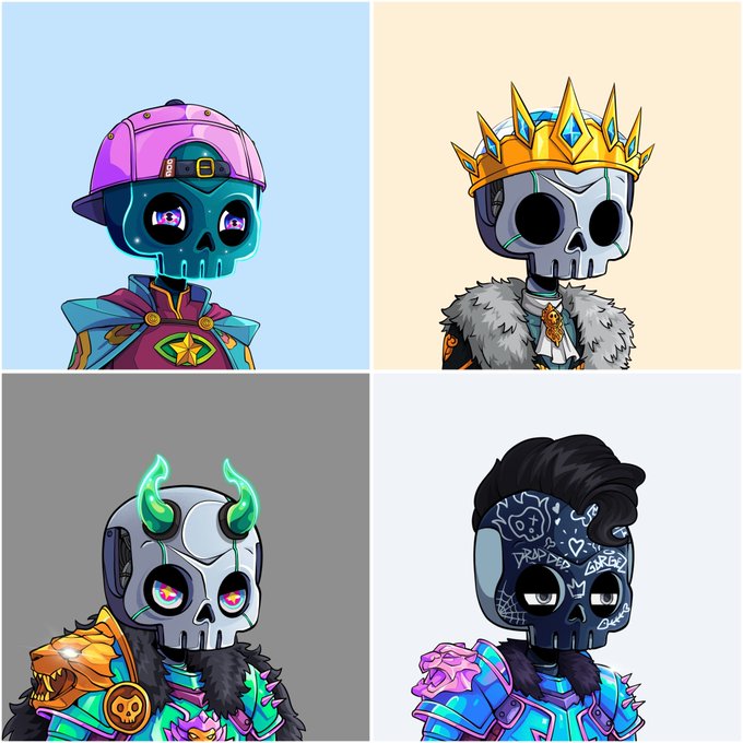 A 2x2 grid of cartoon-style NFT character illustrations featuring skeletal figures with various designs: one in a purple cap and purple outfit, one wearing a gold crown and fur collar, one with green flame horns and rainbow eyes, and one with dark hair and 'RAPED' written on its forehead.