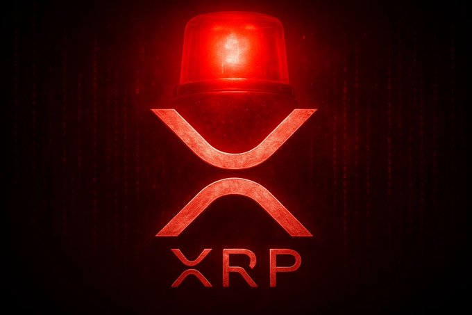 A red-lit alarm beacon glows above the XRP logo and ticker, casting a dramatic warning vibe over a dark background. The image visually amplifies the post's urgent message about XRP's impending arrival on the Nasdaq.