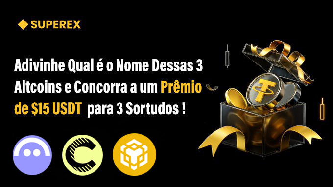 A SUPEREX promotional graphic in Portuguese asking users to guess 3 altcoins for a chance to win $15 USDT, showing three cryptocurrency logos and a gift box with Tether coins