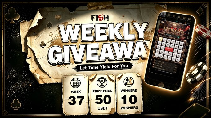 A promotional graphic for a 'WEEKLY GIVEAWAY' by FISH, advertising Week 37, a 50 USDT prize pool, and 10 winners, featuring a bingo app on a smartphone.