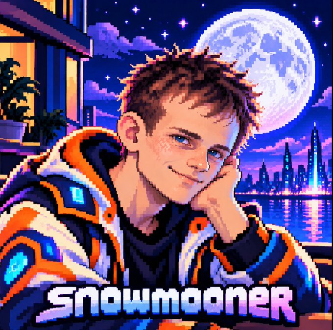 Pixel art illustration of a young man with messy brown hair and blue eyes, wearing an orange and blue futuristic jacket, gazing toward a full moon over a neon city skyline, with the text "Snowmooner" displayed at the bottom — fitting the post's launch announcement for the $snowmoon token, blending the moon-themed branding with a stylized, dreamy crypto aesthetic.