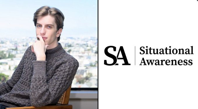The image shows a young man with brown hair wearing a gray cable-knit sweater, resting his chin on his hand in a contemplative pose against a cityscape backdrop, alongside the text "SA | Situational Awareness." This connects to the post about Leopold Aschenbrenner returning to investing after a major loss, referencing his well-known "Situational Awareness" publication and hinting at his thoughtful reconsideration before betting again.