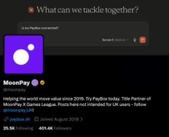 The image shows a tweet from MoonPay (@moonpay) with 35.5K retweets and 401.4K likes, stating they aim to help move about 2,000 artists to PayPal via MoonPay x Games League, though they note the tweet isn't meant for UK users. This aligns with the post's caption by highlighting MoonPay's strategy of actively "farming CT" (Crypto Twitter) to promote its services and partnerships through aggressive social media engagement.