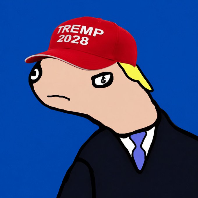 A cartoon Pepe the Frog wearing a red "TREMP 2028" hat and a black suit with a purple tie against a blue background, symbolizing the pro-Trump memecoin community often featured in meme giveaways. The image aligns with the post's suggestion to run a meme giveaway, likely promoting a "TREMP" token via the listed Solana contract address.