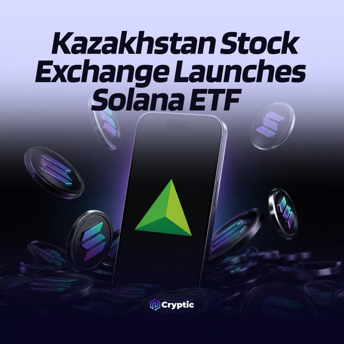 The image shows a graphic with the headline "Kazakhstan Stock Exchange Launches Solana ETF," featuring a smartphone displaying the green Solana pyramid logo, surrounded by floating Solana-branded coins against a dark background, with a "Cryptic" watermark at the bottom. The visual directly supports the post's announcement of the Kazakhstan Stock Exchange introducing a Solana-based ETF as a new regulated investment vehicle in Central Asia.