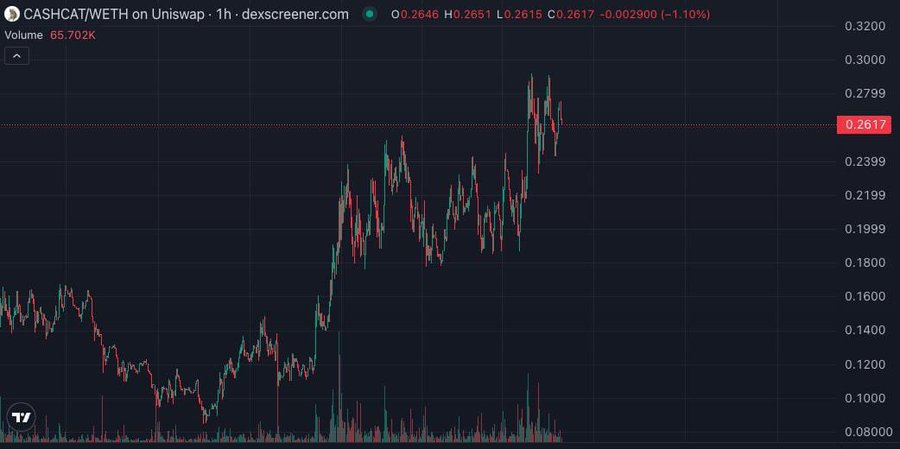 The image displays a 1-hour candlestick chart of CASHCAT/WETH on Uniswap (dexscreener.com), showing a recent price spike to roughly $0.30 before retracing to $0.2617 amid high volume (65.702K). This sharp upward movement and subsequent pullback likely reflects the volatility surrounding Loracle's large $5.9M+ short position on $CASHCAT, as the whale bets against the RH ecosystem token.
