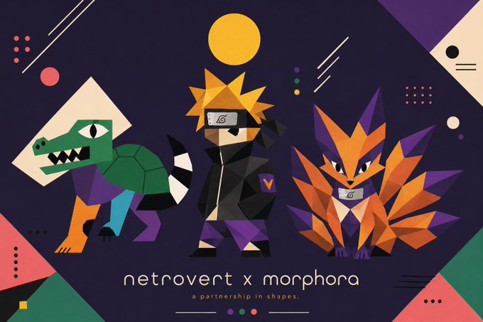 A geometric, low-poly style promotional graphic for the "netrovert x morphora" collaboration featuring stylized renditions of Naruto characters (a turtle, Naruto himself, and Kurama) rendered in polygonal shapes, with the tagline "a partnership in shapes" displayed at the bottom. The image visually represents the Morphora NFT collection mentioned in the giveaway post, emphasizing its artistic, shape-based design aesthetic.