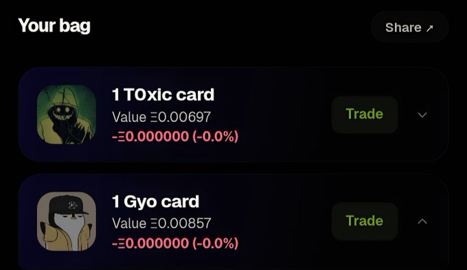 'Your bag' portfolio screen showing 1 TOxic card valued at Ξ0.00697 and 1 Gyo card valued at Ξ0.00857 with no price changes.