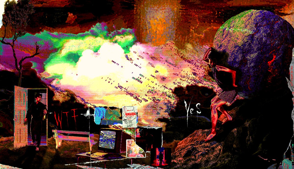 The image features a large rock with a person's head sitting atop of it, surrounded by various objects such as a bench, a TV screen, and a sign that says "hard work beats talent 1/1". The scene appears to be set in an outdoor area or park-like setting. the post is about how hard work always pays off.