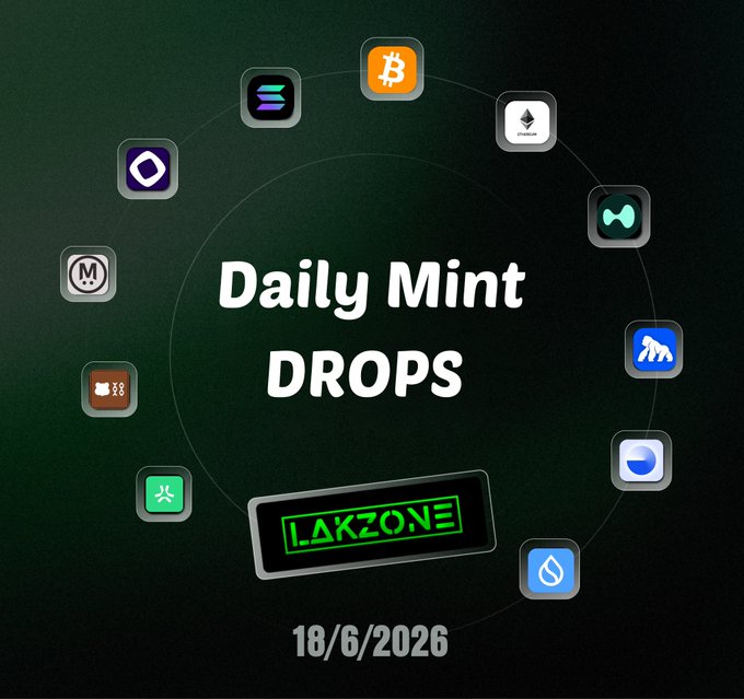 The image features a green circle with various icons representing different cryptocurrency symbols, including Bitcoin, Etherium, Ripple, Litecoin, and others. The text "Daily Mint Drops" is written around the circle, indicating that this is an advertisement for daily mint drops. The date "18/6/2026" is also present in the image.