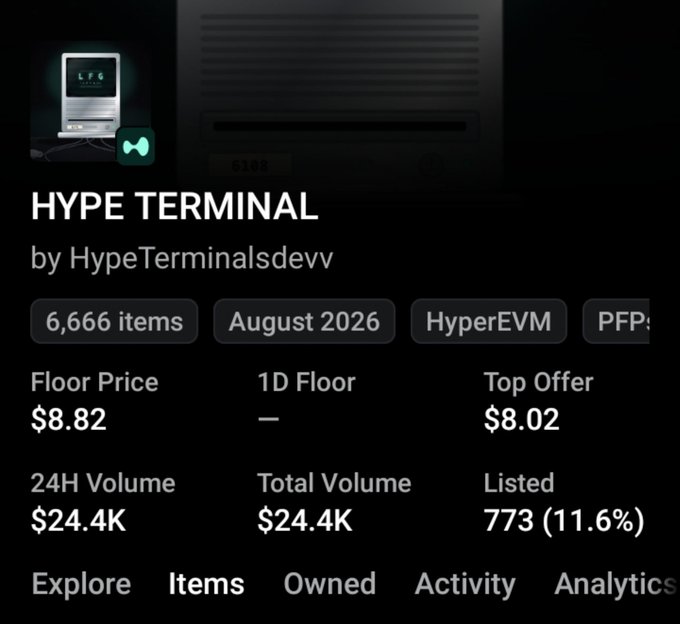 A screenshot of a digital marketplace page for 'HYPE TERMINAL by HypeTerminalsdevv' showing 6,666 items with a floor price of $8.82 and 24H volume of $24.4K.