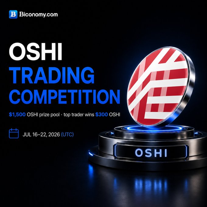 A promotional graphic for the Biconomy.com OSHI Trading Competition, offering a $1,500 OSHI prize pool with the top trader winning $300 OSHI, running July 16-22, 2026 (UTC).