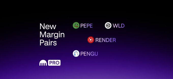 A dark purple gradient graphic announcing "New Margin Pairs" alongside icons and tickers for PEPE, WLD, RENDER, PENGU, and a "PRO" label, visually highlighting the four new spot margin trading pairs being added to Kraken's 28-pair offering.