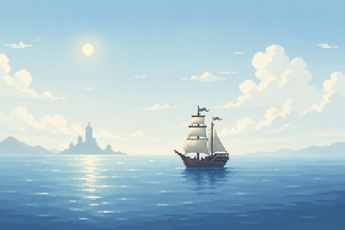A pixel art illustration depicts a tall sailing ship on calm blue waters, with a distant tower on the horizon and the sun shining brightly in a cloudy sky.