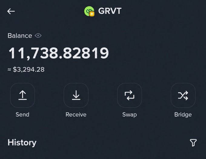 A cryptocurrency wallet interface for GRVT showing a balance of 11,738.82819 tokens (approximately $3,294.28) with Send, Receive, Swap, and Bridge action buttons above a History section.