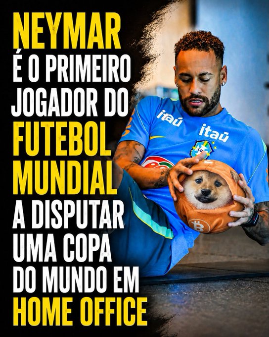 The image features a man holding an orange dog, with the dog's head inside of a soccer ball. The background includes text that reads "Neymar e primeiro jogador do futbol", which translates to "Neymar is first on the team". Additionally, there are words like "home office" and "Uma copa", possibly indicating an advertisement or promotional material related to the soccer player's career.