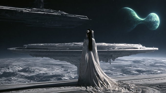 A cinematic sci-fi scene featuring a woman in a flowing white gown standing on a platform, facing massive spaceships in orbit above a planetary landscape with a glowing binary planet or celestial body in the sky.