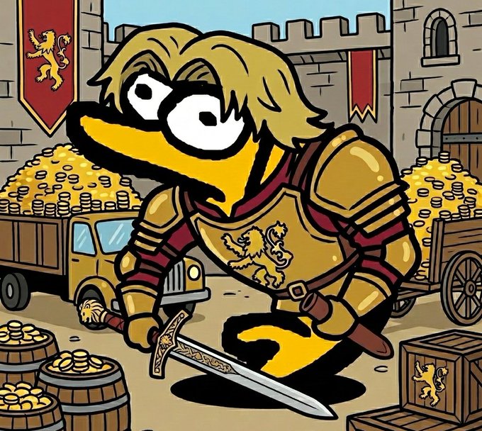 A cartoon illustration of a yellow duck character dressed as a medieval knight with golden armor and a lion crest, wielding a sword in front of gold-filled wagons and a castle.