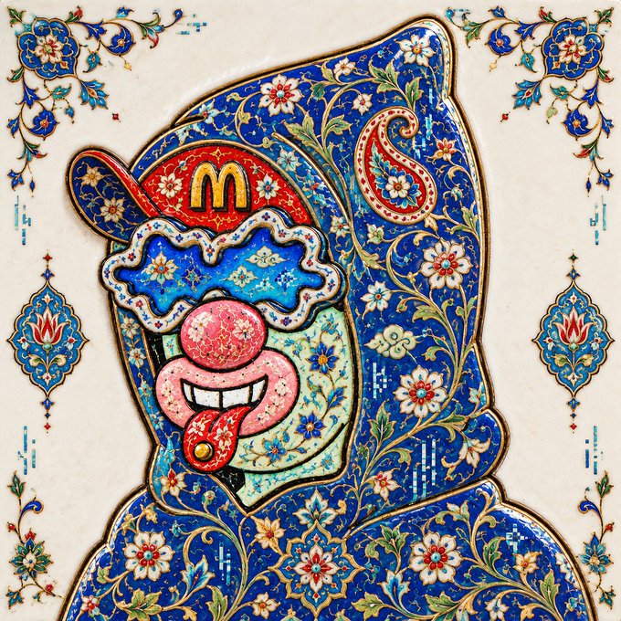 A vibrant illustration depicts a character with an oversized pink nose and tongue, wearing a McDonald's cap, surrounded by an ornate blue floral pattern reminiscent of Persian tilework.