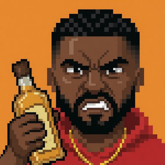 A pixel art portrait of a bearded man in a red shirt and gold chains, holding a yellow bottle against an orange background.