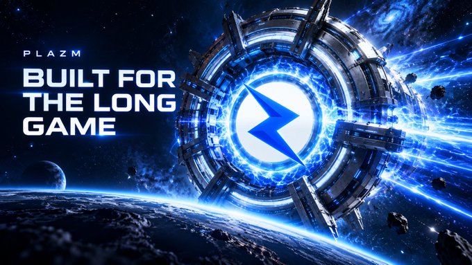 A promotional graphic with the text 'PLAZM BUILT FOR THE LONG GAME' featuring a futuristic sci-fi circular space station or portal with a blue lightning bolt symbol against a cosmic backdrop.