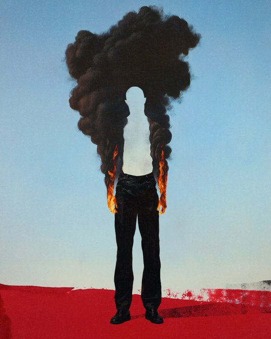 A surreal painting showing a shirtless man in black pants standing on a red surface, with black smoke rising from his head and flames on his arms against a blue sky.