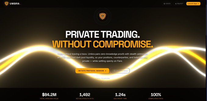 Umbra's website hero section displays "PRIVATE TRADING. WITHOUT COMPROMISE." promoting its zero-knowledge dark pool proof system on Flare, featuring stats like $84.2M total shielded value, 1,492 active stealth sets, and a 1.24s proof time. The image ties to the post's announcement about building a privacy-preserving dark pool for FAssets on Flare.