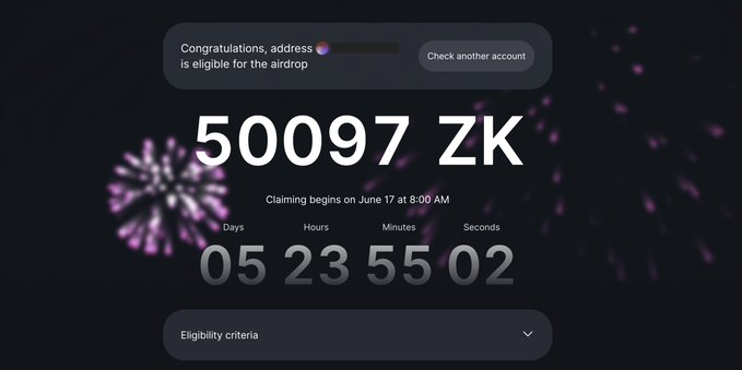 A screenshot of a cryptocurrency airdrop eligibility page showing '50097 ZK' tokens awarded, with a countdown timer of 05 days, 23 hours, 55 minutes, 02 seconds until claiming begins on June 17 at 8:00 AM.