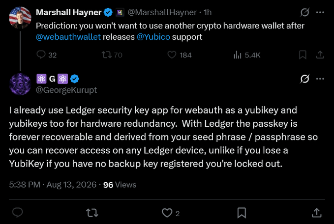 A screenshot of a Twitter exchange where Marshall Hayner (@MarshallHayner) predicts that users won't want another crypto hardware wallet after @webauthwallet releases @Yubico support, followed by @GeorgeKurupt's reply explaining that he already uses Ledger security key app for WebAuth as a YubiKey with hardware redundancy, noting that Ledger passkeys are recoverable from seed phrases unlike YubiKeys. The accompanying post criticizes Hayner for blocking the commenter, allegedly over their warnings about YubiKey limitations under XPR's active key permissions versus the hot master seed owner key.