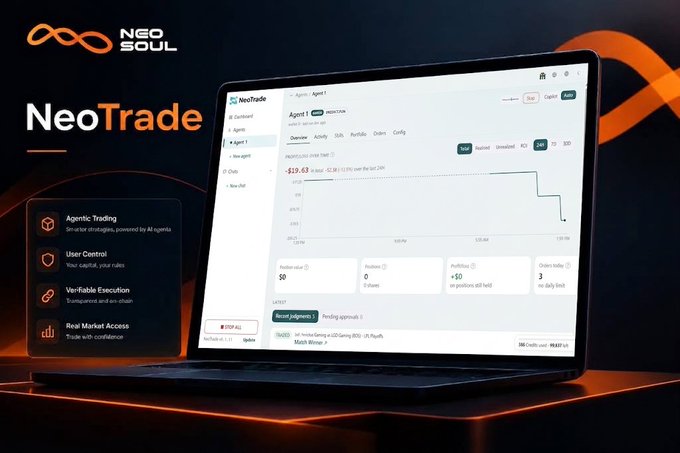 A promotional image for 'NeoTrade' by 'NEO SOUL' showing a laptop displaying a trading dashboard with the price '$19.63' and listing features like Agentic Trading, User Control, Verifiable Execution, and Real Market Access.