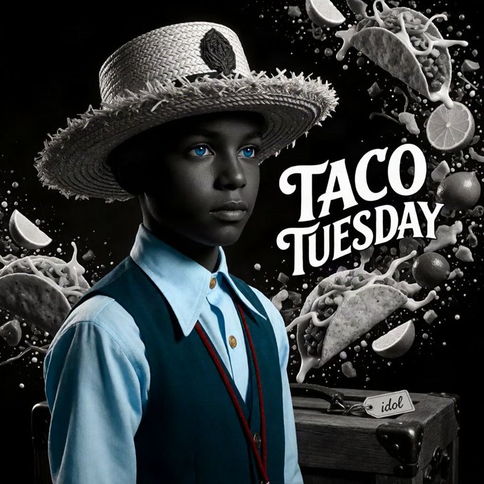 A dramatic advertisement features a person in a straw hat and blue shirt with striking blue eyes, accompanied by floating tacos and limes, with bold text reading 'TACO TUESDAY' and a small 'idol' tag.