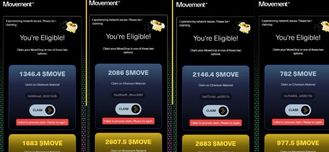 Four 'Movement' airdrop claim screens show eligibility for $MOVE tokens on Ethereum Mainnet, with claimable amounts of 1346.4, 2086, 2146.4, and 782 $MOVE, each displaying a 'CLAIM' button.