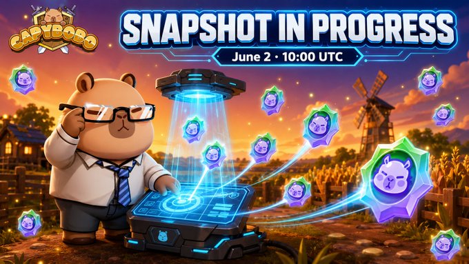 The image features a cartoon bear wearing glasses standing next to a computer screen displaying a message about a snapshot of the Capybobo S2 server. The caption reads "CAPYBOBO S2 — BOBO Point Snapshot Is HERE On June 2, 10:00 UTC, the Capybobo S2 server goes offline for the S2 data snapshot. Estimated duration: 24 hours." This suggests that the bear is taking a snapshot of the server's data and recording it in the image.