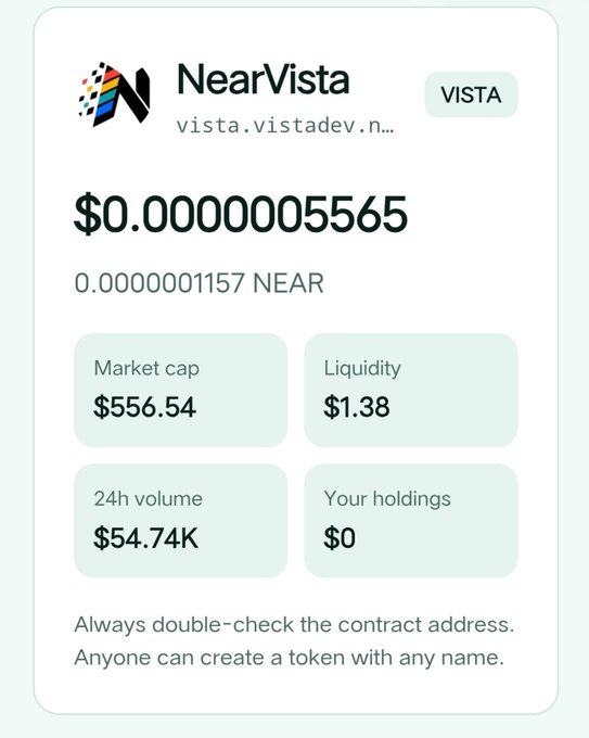 A token information card for "NearVista" displaying a price of "$0.0000005565" and "0.0000001157 NEAR". The card lists a Market cap of "$556.54", Liquidity of "$1.38", and 24h volume of "$54.74K".