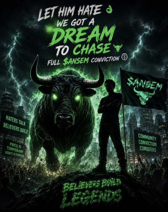 A promotional image for '$ANSEM' featuring a person holding a flag with a bull logo, a glowing green bull, and text reading 'LET HIM HATE WE GOT A DREAM TO CHASE FULL $ANSEM CONVICTION' along with slogans like 'BELIEVERS BUILD LEGENDS'.