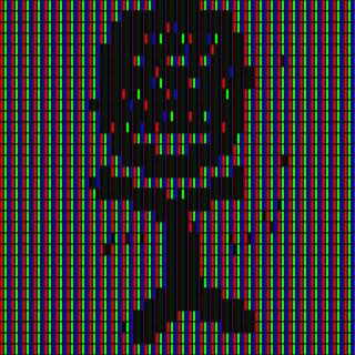 A pixelated silhouette of a person with their arms raised against a black background, displayed with a chromatic aberration effect showing red, green, and blue color separation.