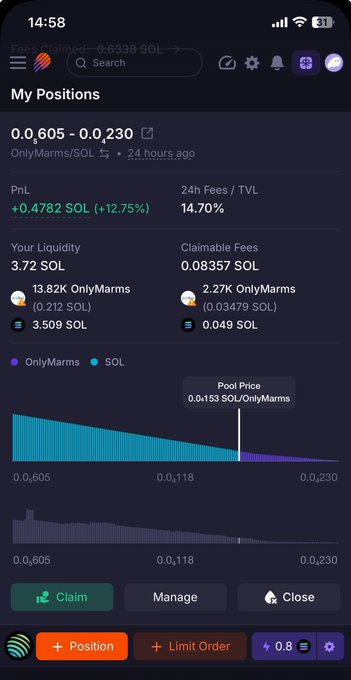 A screenshot of a mobile app showing a 'My Positions' page with a price range of 0.605 - 0.230, featuring a PnL of +0.4782 SOL (+12.75%) and a liquidity of 3.72 SOL for the OnlyMarms/SOL pair.