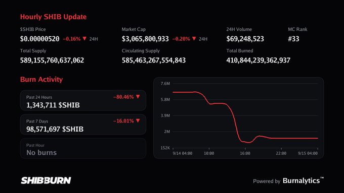 A dashboard titled 'Hourly SHIB Update' displaying SHIB cryptocurrency statistics including a price of $0.00000520, market cap of $3,065,800,933, and a 'Burn Activity' line graph with metrics like '1,343,711 $SHIB Past 24 Hours'.