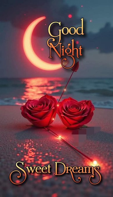 The image features a serene beach scene at night with a glowing red crescent moon, two red roses on the sand, and the text "Good Night" and "Sweet Dreams." The romantic, dreamy aesthetic complements the post's "Good night..." message while the warm red tones align with the bullish sentiment about @base on @useTria.