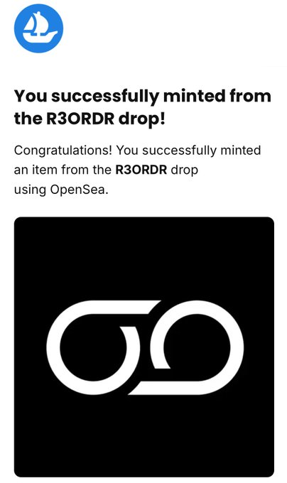The image features an email from @Dario_Desiena that congratulates someone for successfully minting from the R3ORDR drop. The email includes a link to a website where one can download the token release, which is related to the post about the R3ORDR drop.