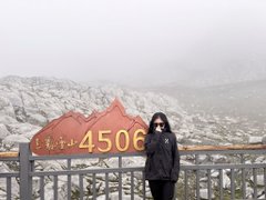 A woman wearing a face mask stands on a viewing platform in a snowy mountain landscape, posing next to a large rock engraved with the red text "4506".
