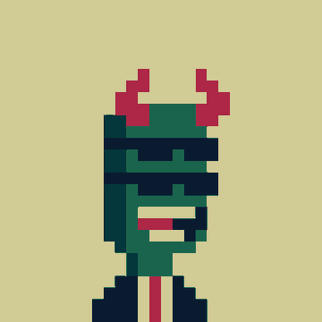 Pixel art portrait of a character with green skin and red horns against a yellow background, wearing a dark outfit.